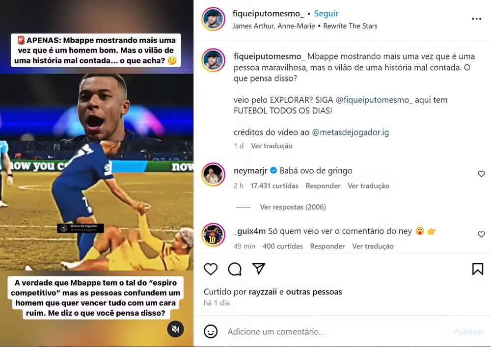 Baba ovo de gringo diz Neymar em uma publicação sobre Mbappé JD1