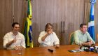 Novo secretário de Governo, Rodrigo Perez, deputado estadual Pedro Caravina e o governador Eduardo Riedel