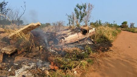 O carro ficou queimando em meio a vegetação 