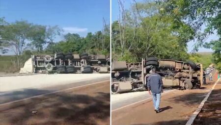 Carreta tombou durante tentativa de ultrapassagem