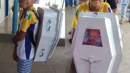 Menino de 8 anos chama atenção com mochila em formato de caixão em escola de Rondônia