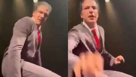 Mateus Solano dá tapa em celular de fã que filmava peça