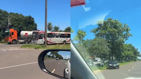 Carros e ônibus parados em razão do problema na via