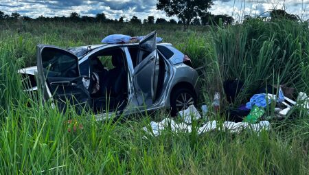 Carro foi parar na vegeta&ccedil;&atilde;o ap&oacute;s a colis&atilde;o 