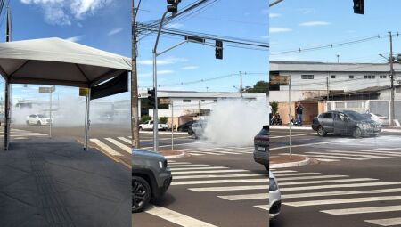 V&Iacute;DEO: Carro pega fogo em cruzamento movimentado de Campo Grande