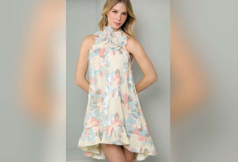 Vestido lindíssimo em estampa floral suave com o detalhe em flores na gola. Todo bordado em paetês transparentes o que lhe dá um brilho discreto e elegante. Da coleção verão da loja L.Vizeu que está com muitas novidades. Confira na rua Goiás 999, jardim d