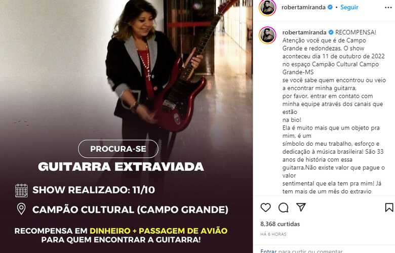 Cantora Roberta Miranda fez apelo nas redes sociais 