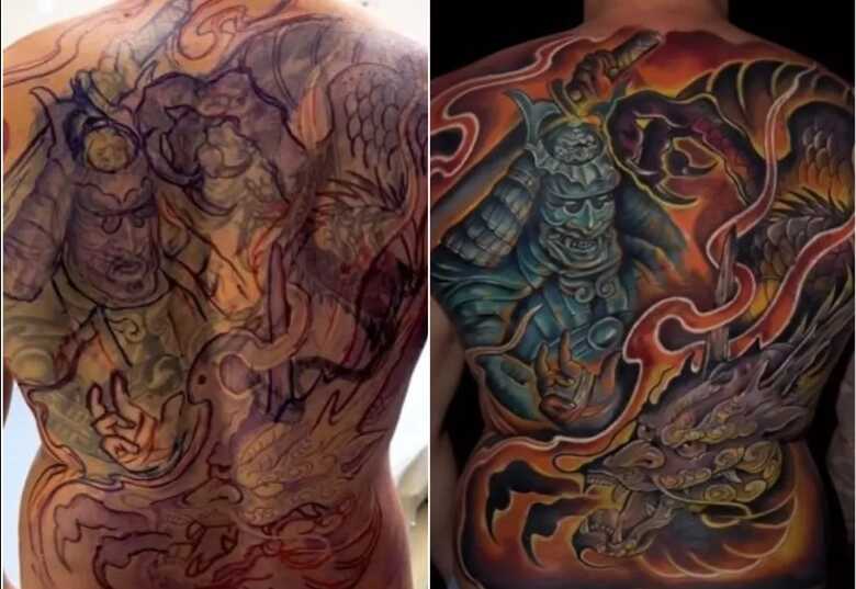 Antes e depois: tatugem com decalque (esquerda) e a finalizada (direita)