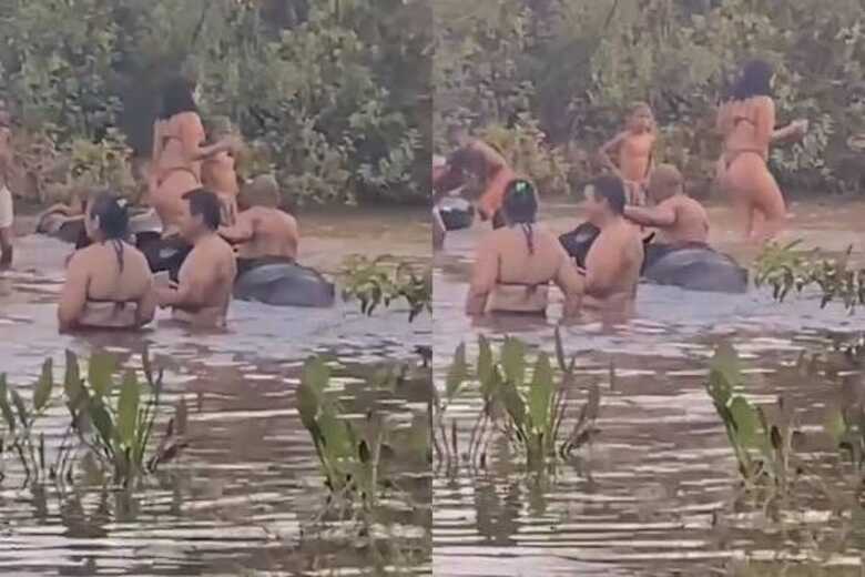 Búfalo ganhou um banhozinho dos populares