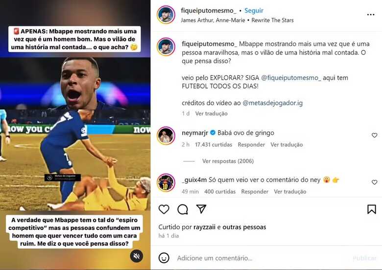 Neymar responde publicação sobre Mbappé