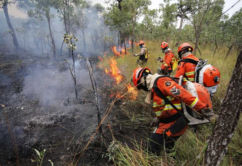 Militares combatendo focos de incêndio no Pantanal