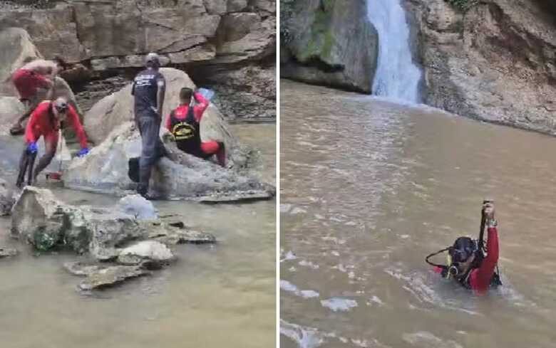 Mergulhadores dos bombeiros durante busca de menino em cachoeira