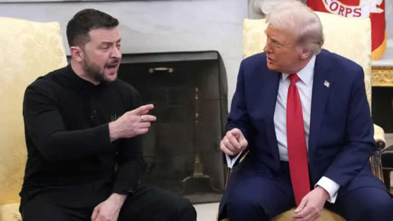 Presidente da Ucrânica, Volodymyr Zelensky, ao lado do presidente dos Estados Unidos, Donald Trump