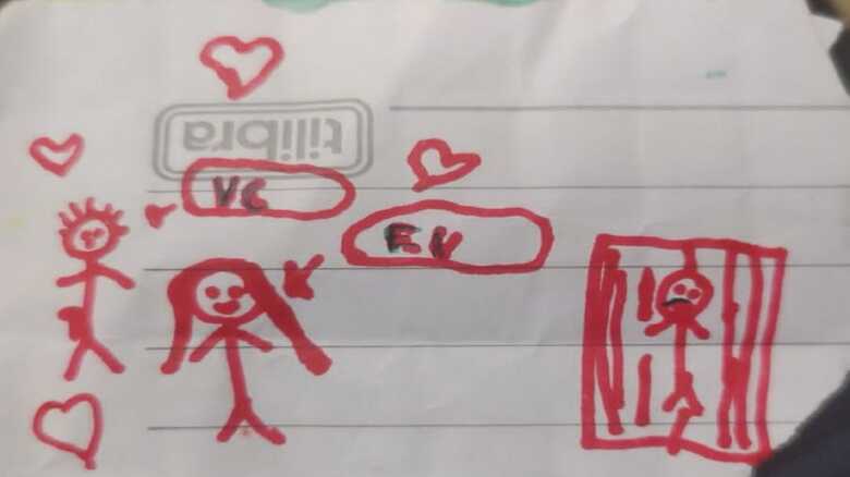 Desenho deixado pela criança aos policiais, agradecendo a prisão do suspeito