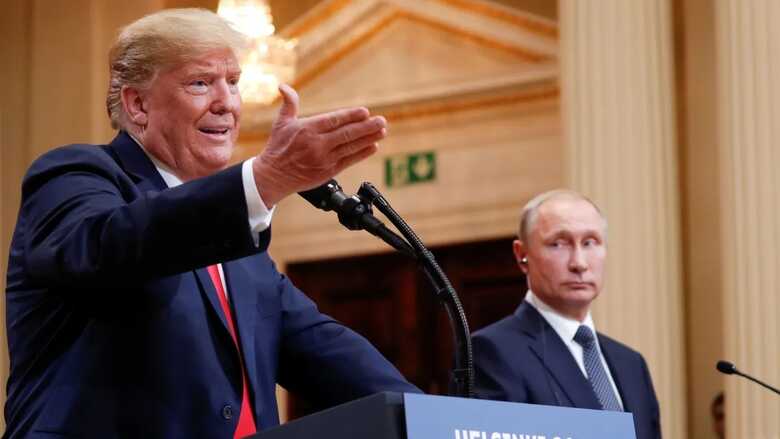 Donald Trump, presidente dos Estados Unidos, em entrevista coletiva com presidente da Rússia, Vladimir Putin, em Helsinque, em 2018  