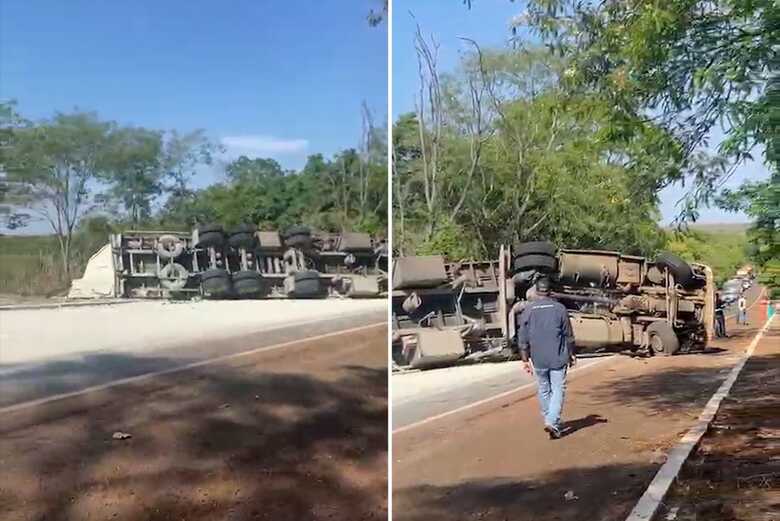 Carreta tombou durante tentativa de ultrapassagem