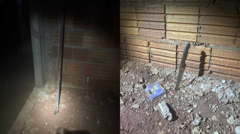 Barra de ferro e faca usadas pelo criminoso no crime