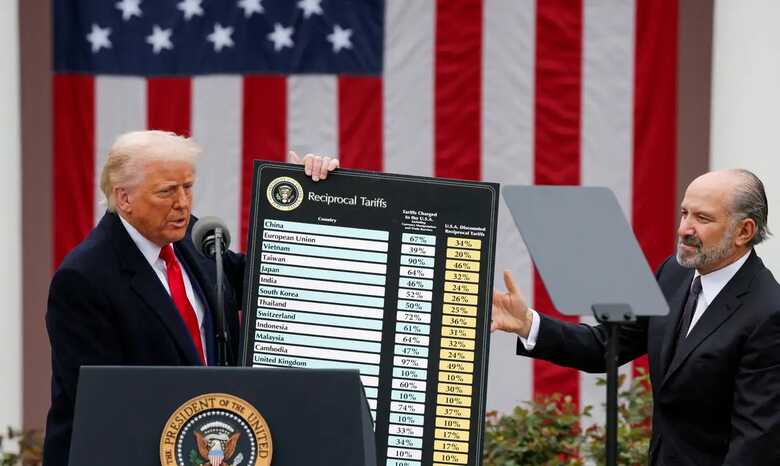 Donald Trump ao divulgar tarifas rec&iacute;procas em 2025