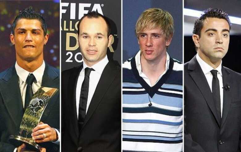 CR7, Iniesta, Torres e Xavi em festas da premiação da Fifa desde 2008