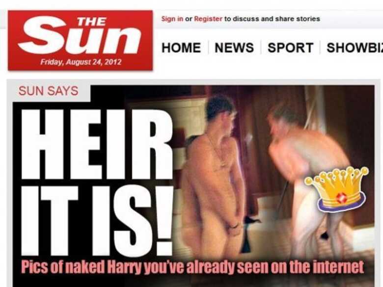 The Sun exibe na página principal de seu site as fotos do príncipe Harry nu.