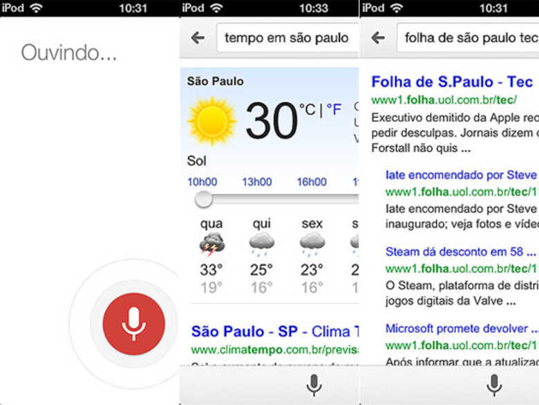 Aplicativo de busca do Google para iOS: reconhecimento de fala em português no iPhone antes do Siri, da Apple.