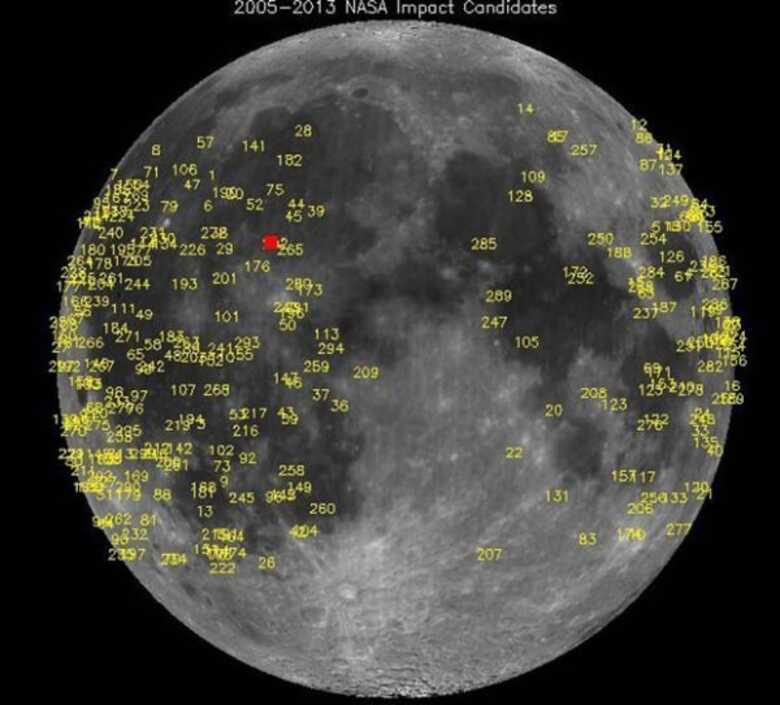 Imagem mostra centenas de impactos de rochas com a Lua, registrados por equipamento da Nasa. O ponto em vermelho é a colisão mais recente, considerada a mais forte.