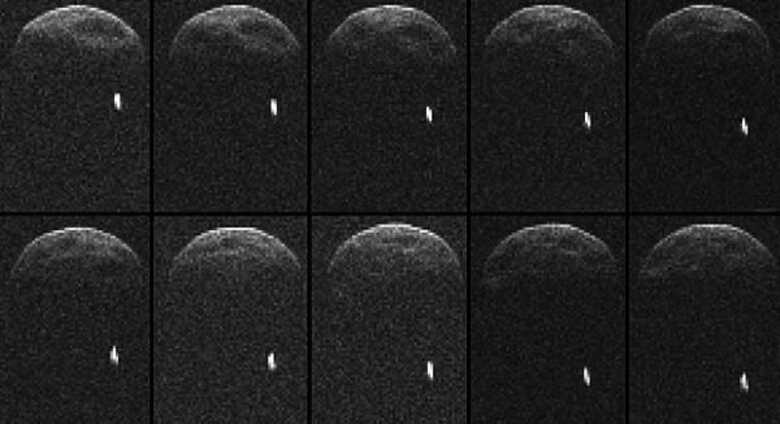 Sequência de imagens mostra asteroide e sua lua (ponto branco, à direita).
