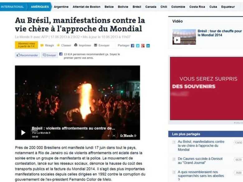 Jornal francês fala em protestos num Brasil que sediará a Copa do Mundo (Foto: Reprodução/Le Monde)