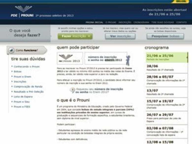 Site do ProUni. (Foto: Reprodução)