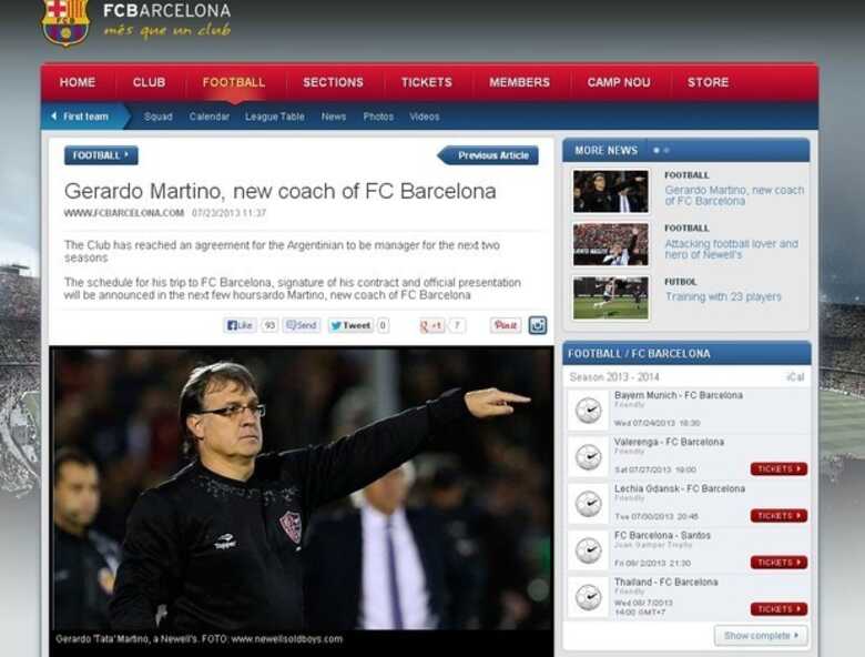 Bar&ccedil;a confirma contrata&ccedil;&atilde;o de Gerardo Martino. (Foto: Reprodu&ccedil;&atilde;o/Site oficial do Barcelona)