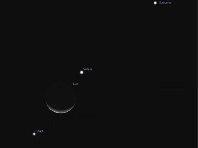 Programa Stellarium simula como deve ser a disposição dos astros no dia da ocultação de Vênus pela Lua. (Foto: Programa Stellarium/Reprodução)
