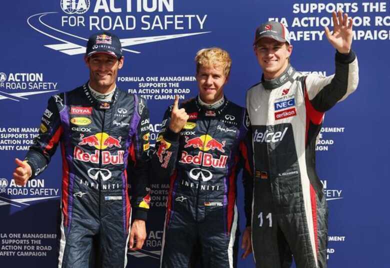 Vettel, com 1,76 m de altura, fica baixinho entre Webber (1,84 m) e Hulkenberg (1,86 m). (Foto: Getty images)