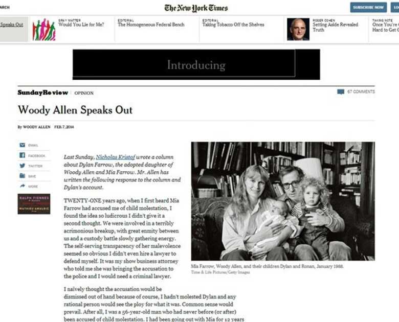 Woody Allen responde acusa&ccedil;&otilde;es da filha adotiva sobre abuso sexual. (Foto: reprodu&ccedil;&atilde;o/Site 'The New York Times')