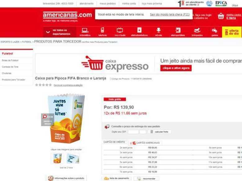 Alegando erro, site anuncia pacote de saco de pipocas a R$ 139,90. (Foto: reprodução)