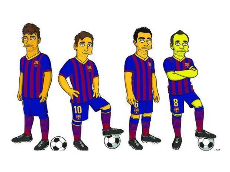 Neymar, Messi, Xavi e Iniesta foram desenhados no estilo Simpson. (Arte: FC Barcelona.com/reprodução)