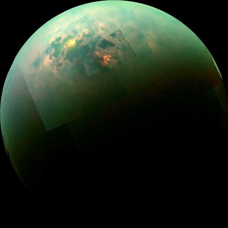 Composição da imagens da sonda Cassini revela reflexo do Sol nos mares de Titã. (Imagem: reprodução)