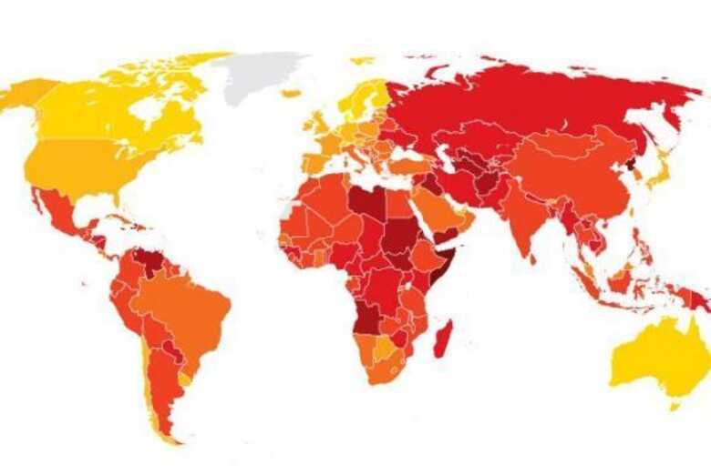 Quanto mais próximo da cor amarela, menos corrupto o país, quanto mais próximo da cor vermelha, mais corrupto. (Arte: reprodução)