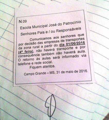 Bilhete foi recebido ontem pelos pais e responsáveis
