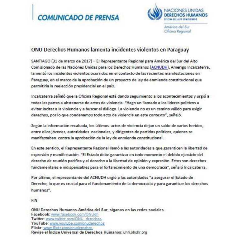 Representa das Nações Unidas repudia o ato de violêndia no Paraguai