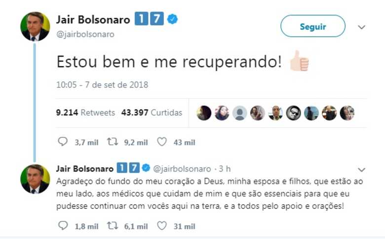 Bolsonaro ainda agradeceu aos familiares e médicos