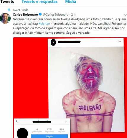 Carlos Bolsonaro publicou em sua conta no Twitter uma imagem da dando satisfação