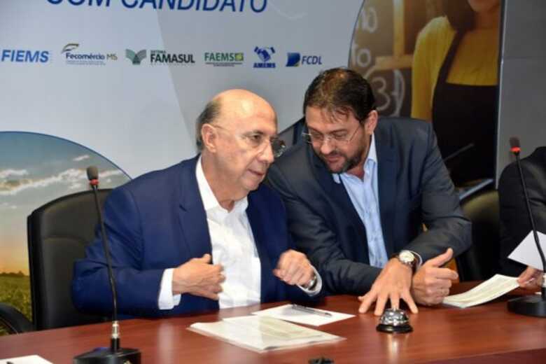 O candidato Henrique Meirelles (MDB), e o presidente da Fiems, Sérgio Logen, durante a reunião