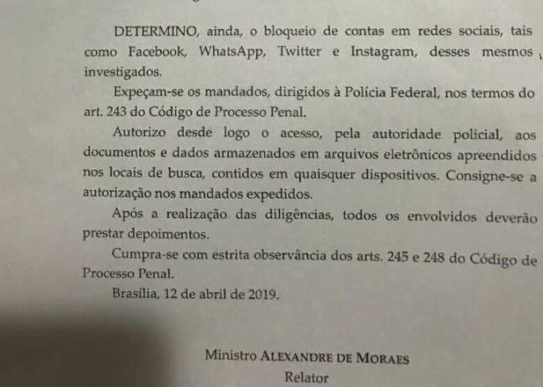 Trecho de decisão proferida pelo ministro Alexandre de Moraes, do Supremo Tribunal Federal