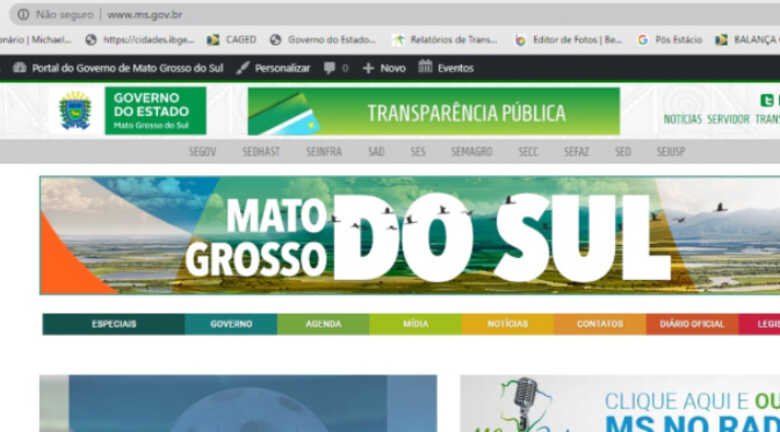 Capa do site Portal MS, do Governo de Mato Grosso do Sul