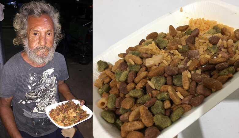 Jos&eacute; Ad&aacute;n Barrera M&eacute;ndez com a  quentinha que recebeu com arroz e ra&ccedil;&atilde;o