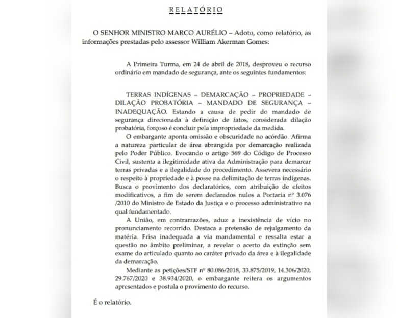 Decisão do relator Marco Aurélio, ministro do Supremo Tribunal Federal