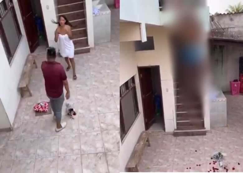 A mulher ainda tenta impedir o marido de bater no amante