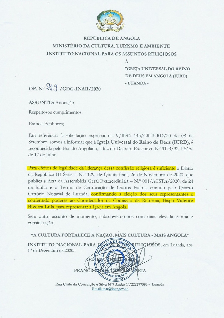 Com o documento, governo angolano confirma que o movimento de Reforma está no comando da Universal no país.