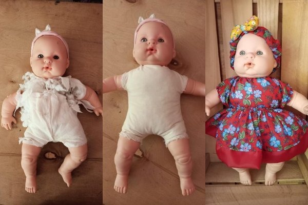 três antigas bonecas de plastico com roupas de pano e u