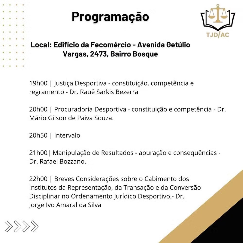 Programação do 1º Congresso de Direito Desportivo